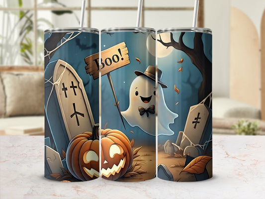 Three tumblers with a Halloween scene featuring a ghost, pumpkin, and tombstones.
