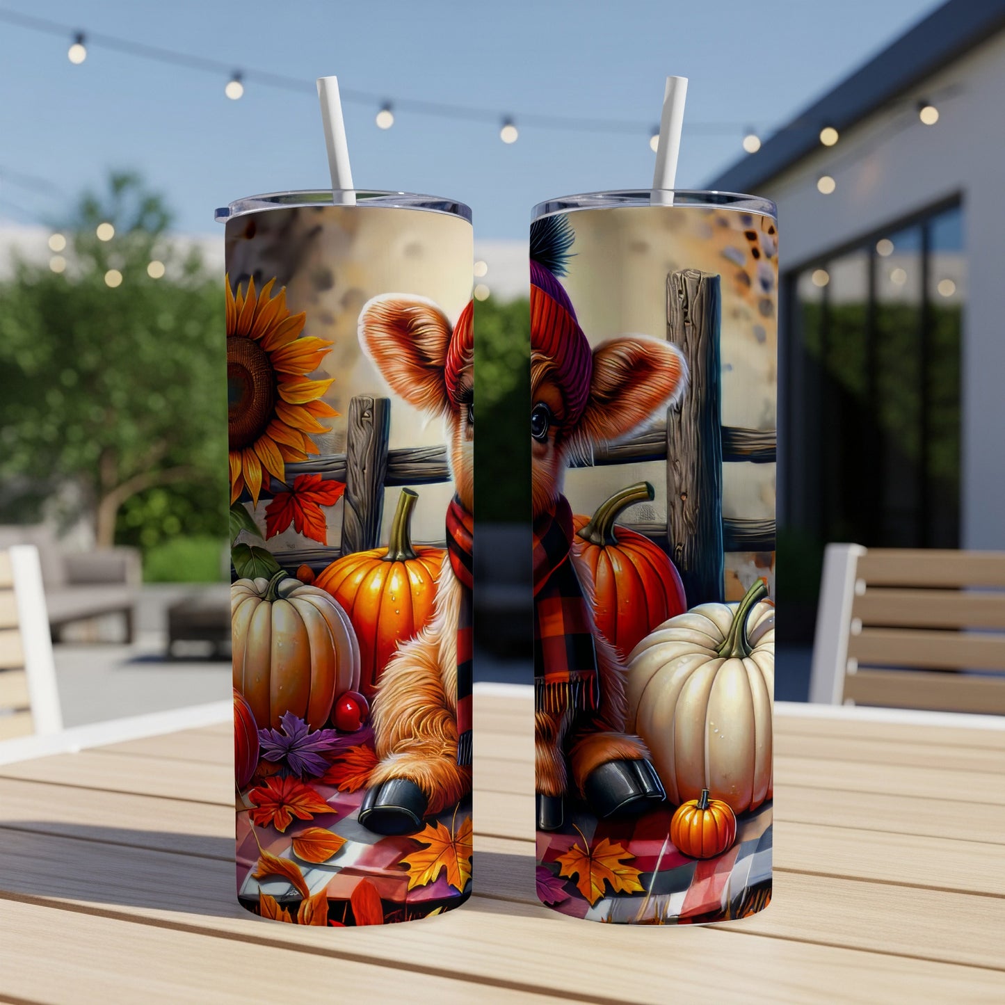 Cow with pumpkins and sunflowers on a plaid tumbler.
