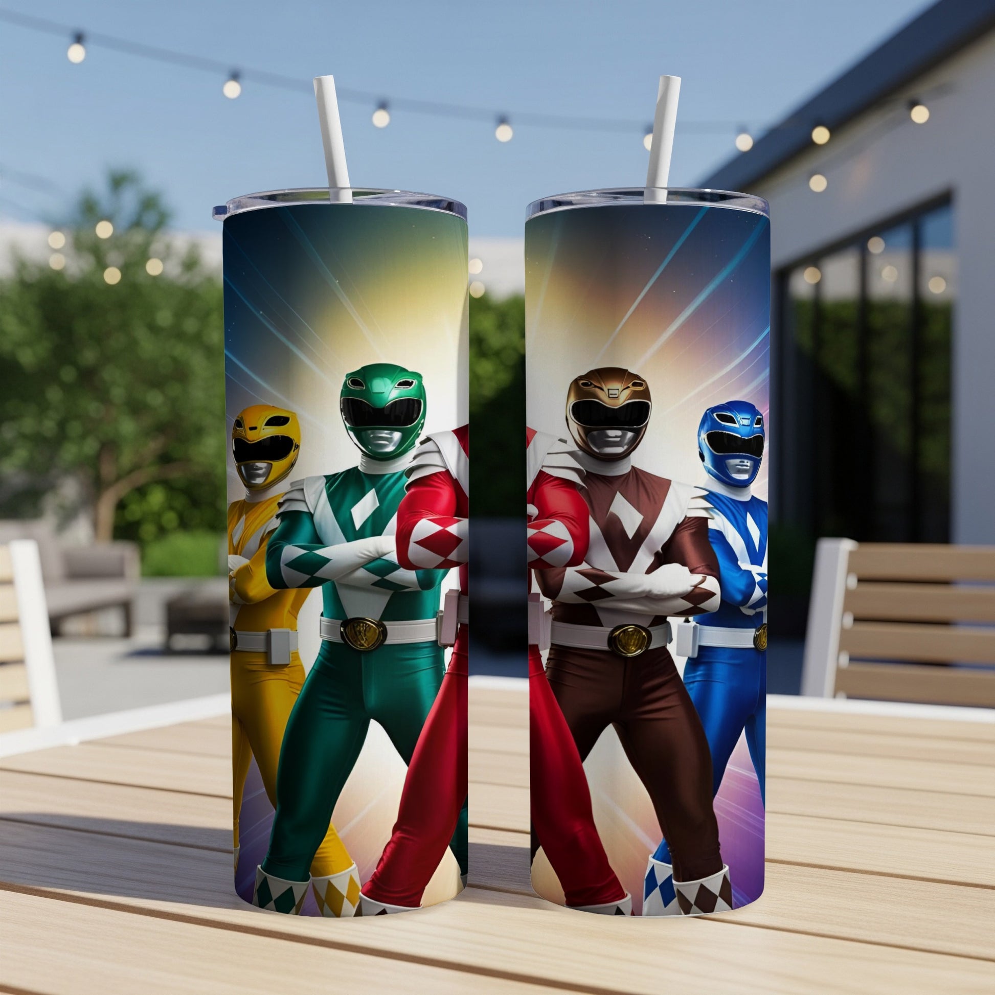 Two Power Ranger tumblers with four rangers on each, standing with arms crossed.