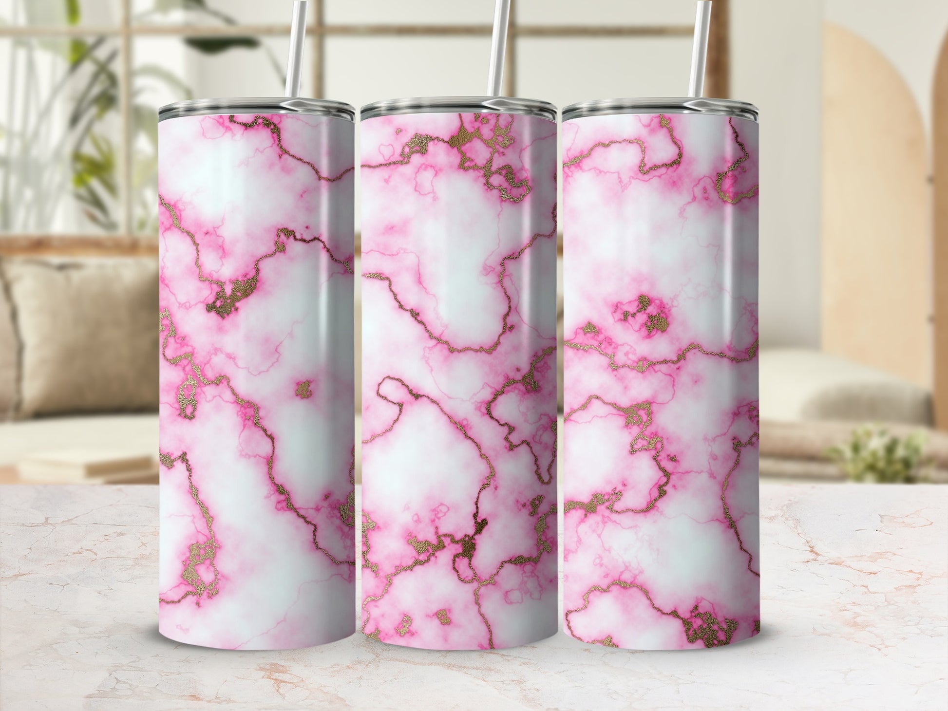 Bright Pink Gold Marble Veins Design Tumbler product type