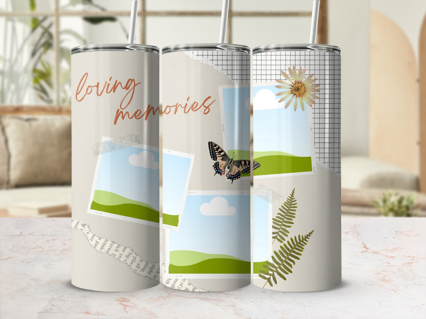 Three tumblers with "loving memories" text, photo frames, butterfly, flower, and ferns.