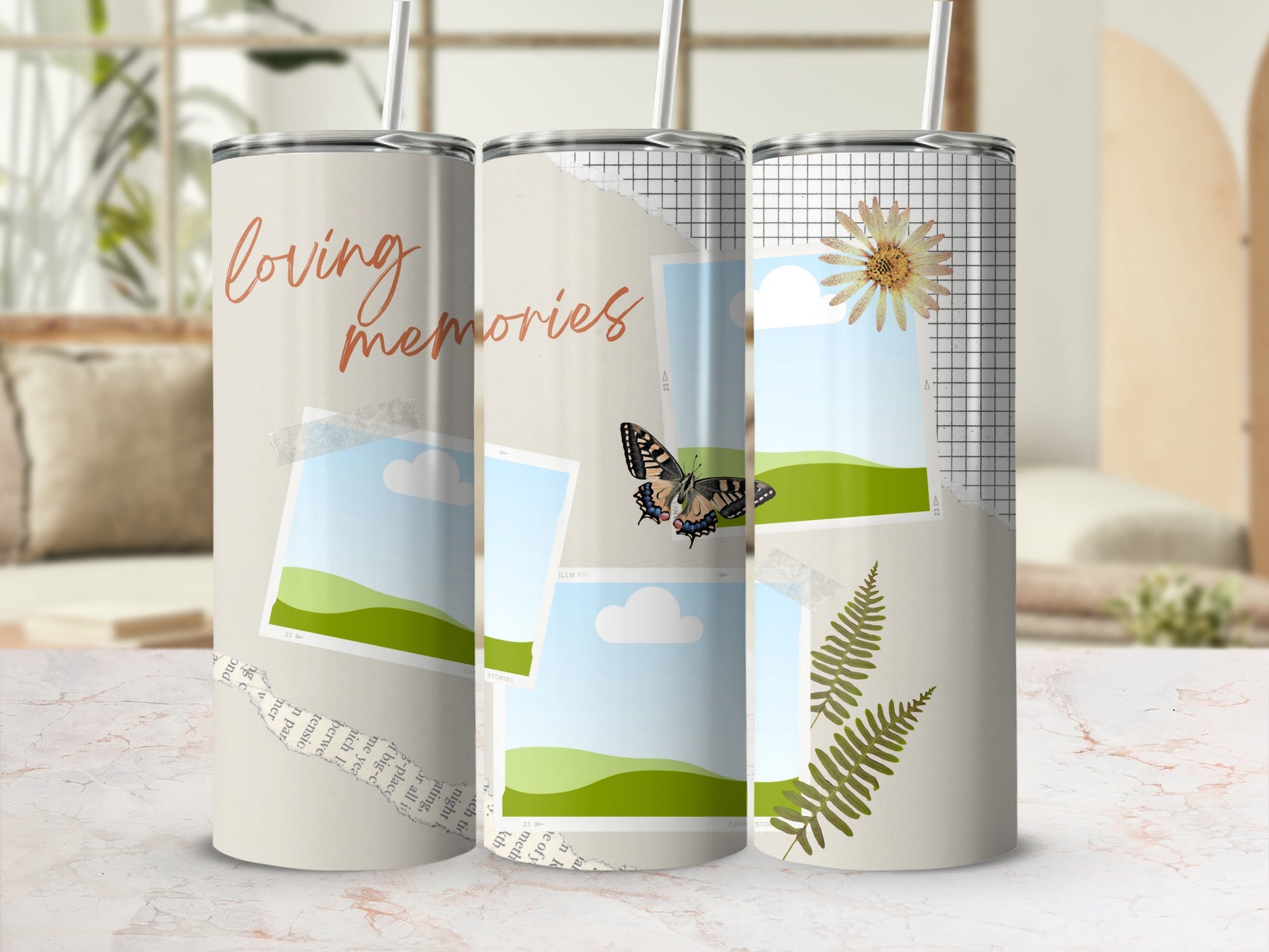Three tumblers with "loving memories" text, photo frames, butterfly, flower, and ferns.