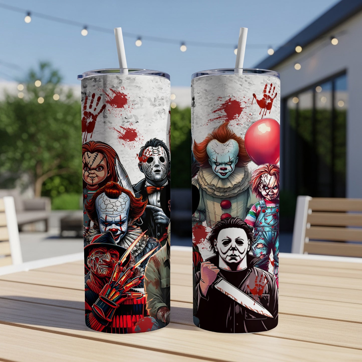 Two tumblers featuring horror movie characters with blood splatter and handprints.