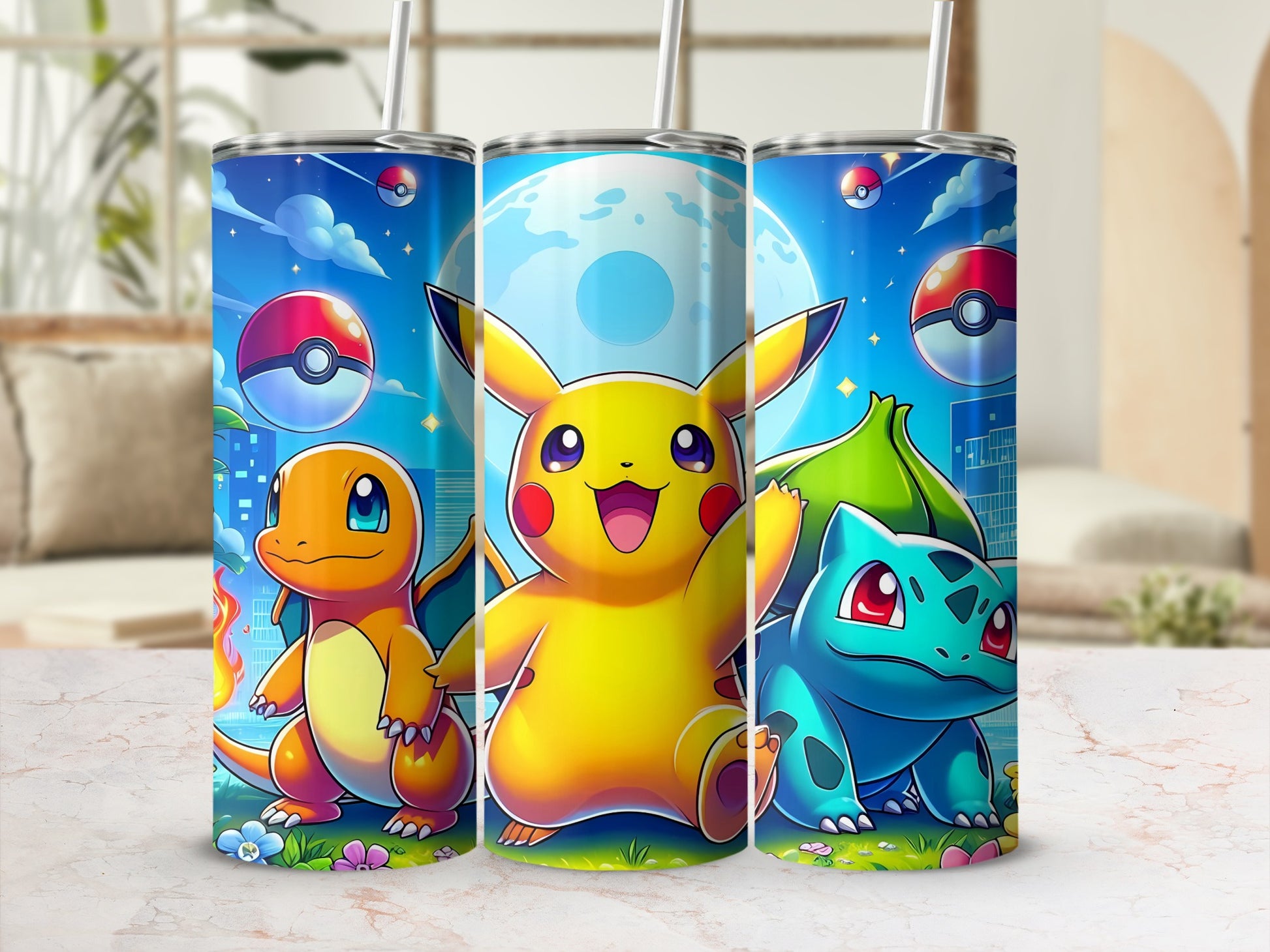 Colorful Cartoon Characters on Blue Background Tumbler