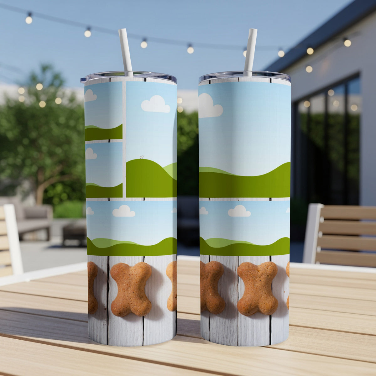 Two tumblers with a white wood pattern and bone-shaped cookies design.