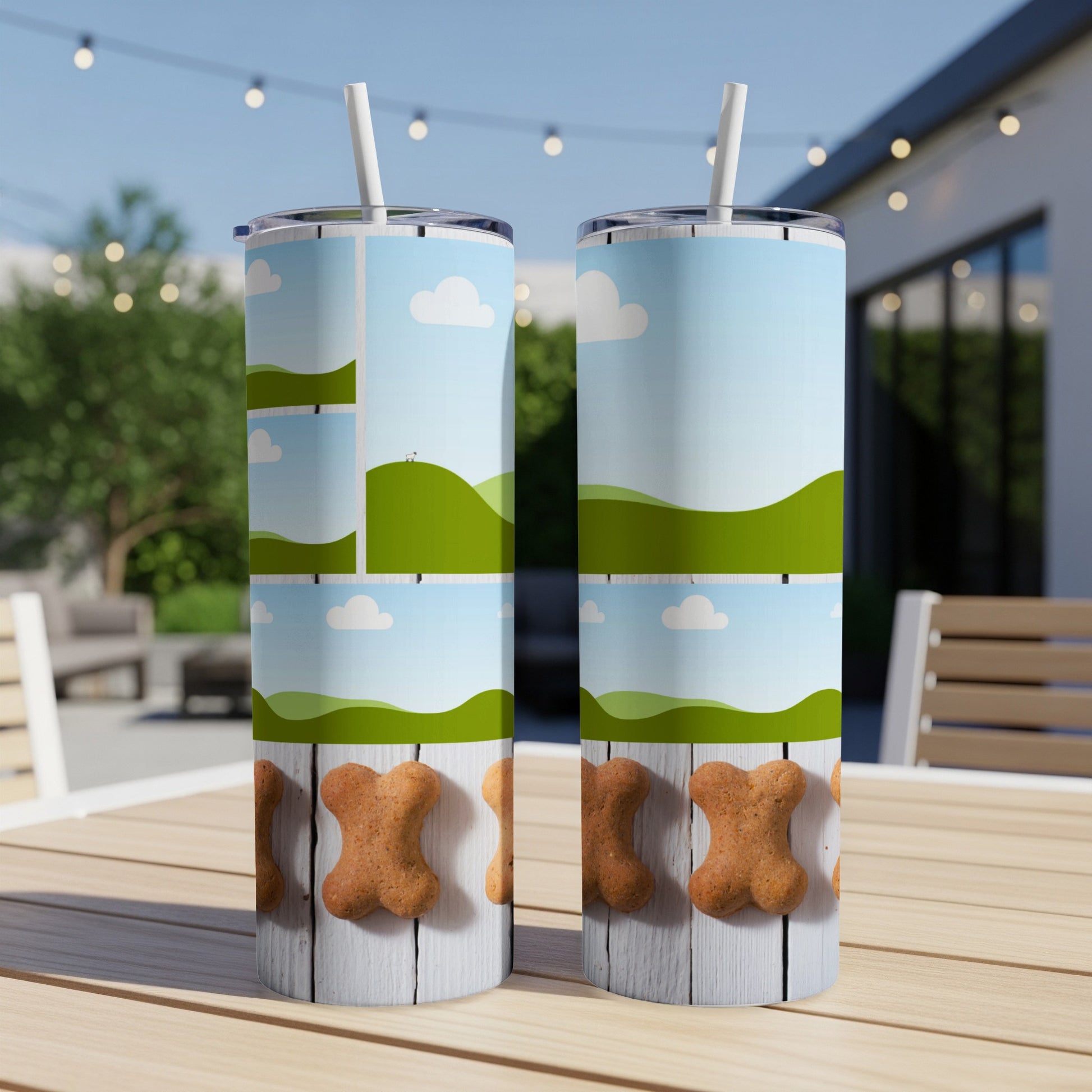 Two tumblers with a white wood pattern and bone-shaped cookies design.