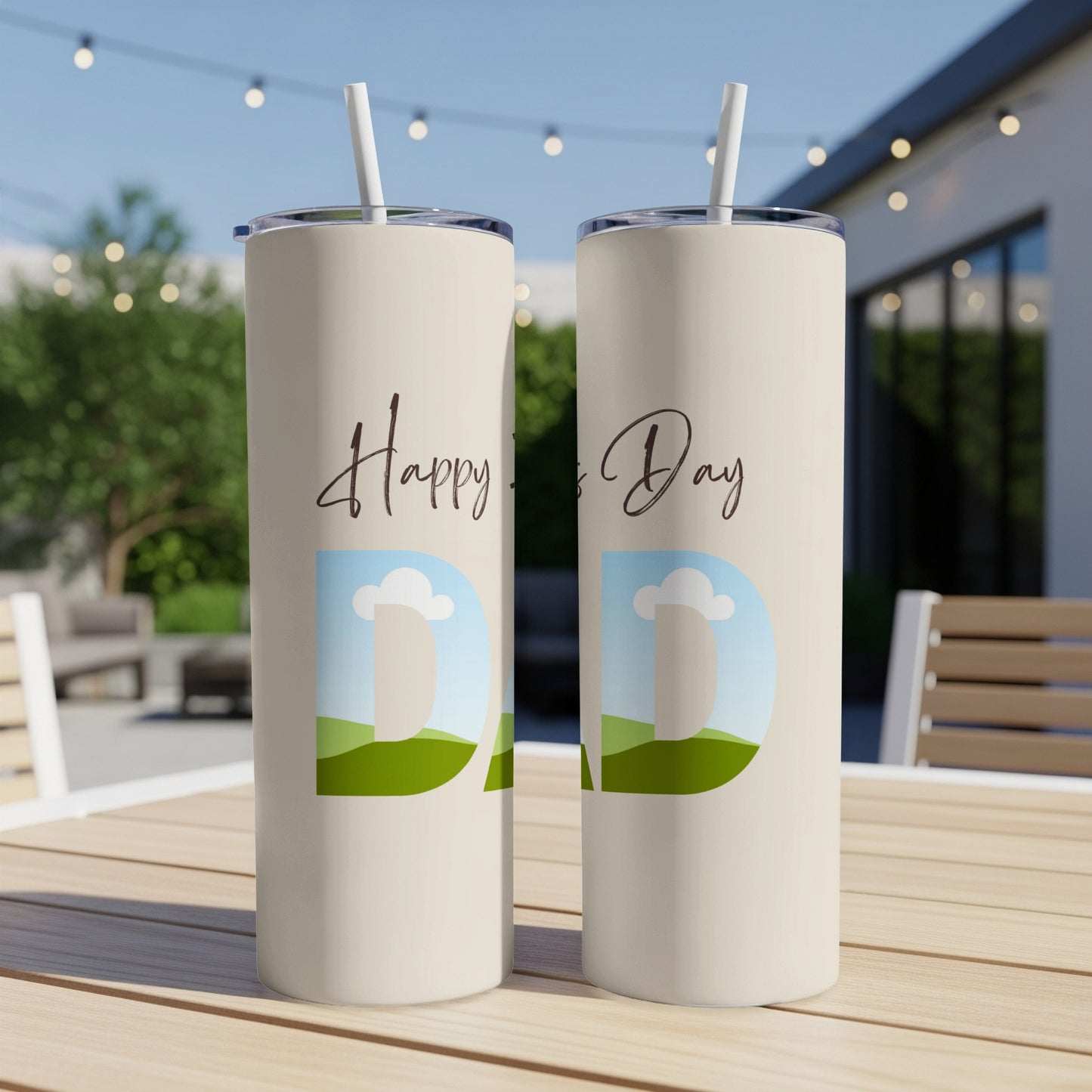 Two cream tumblers with "Happy Father's Day" and large "DAD" design.