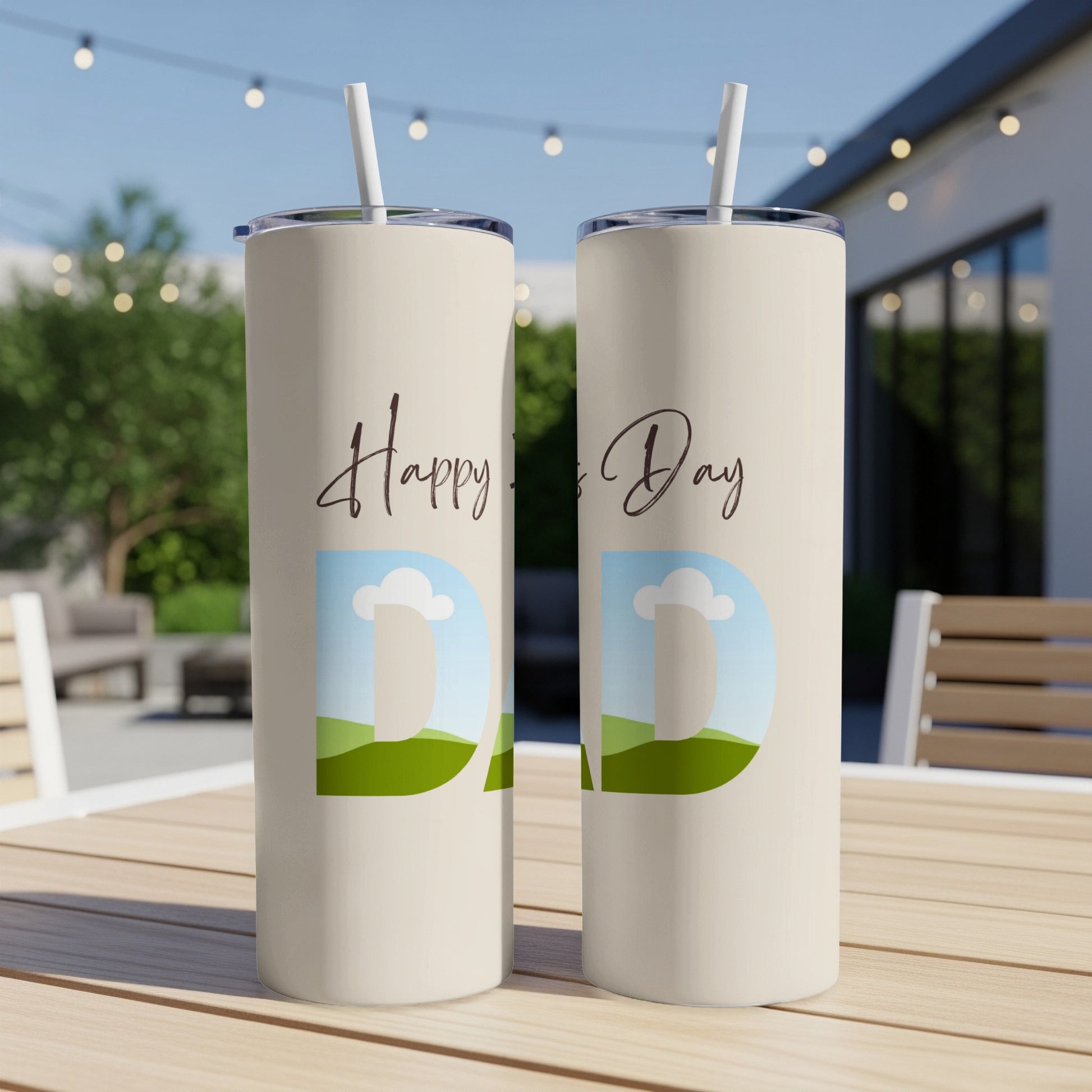Two cream tumblers with "Happy Father's Day" and large "DAD" design.