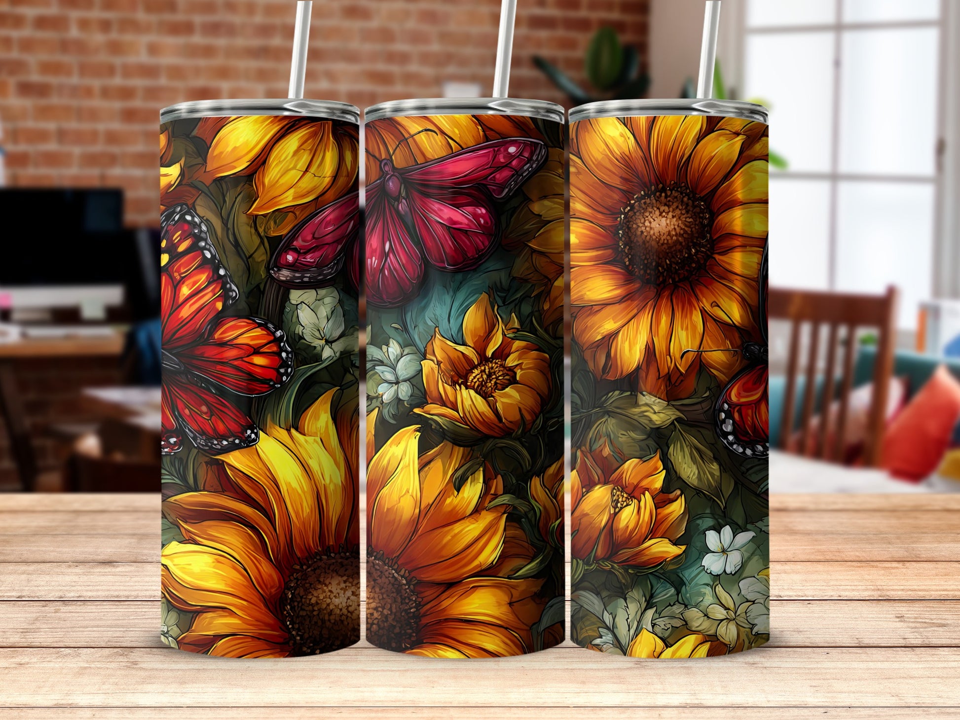 Colorful Sunflowers and Butterflies Drinkware