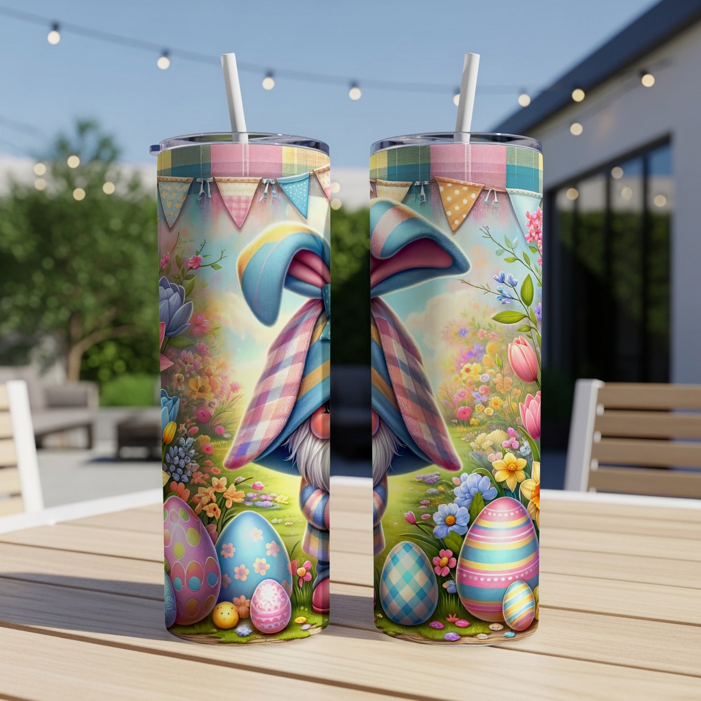 Two tall tumblers decorated with a gnome, Easter eggs, and floral garlands.