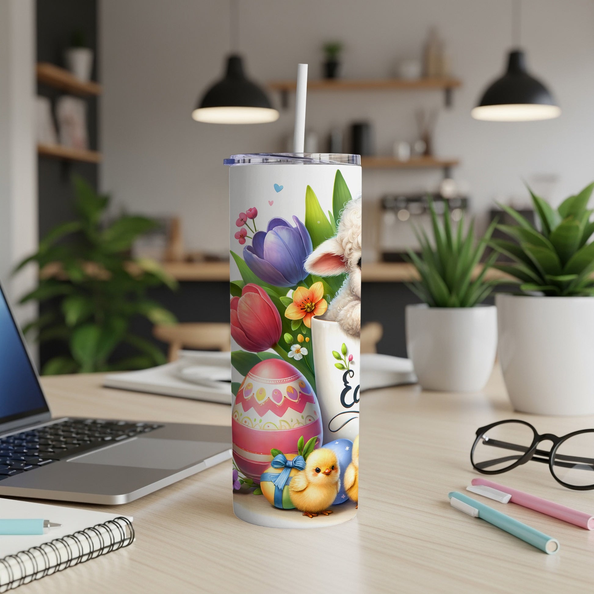 Easter tumbler with bunny, chicks, eggs, and flowers.
