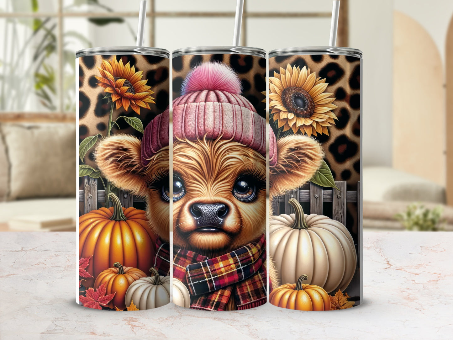 Tilda cow wearing a beanie and scarf with pumpkins and sunflowers.