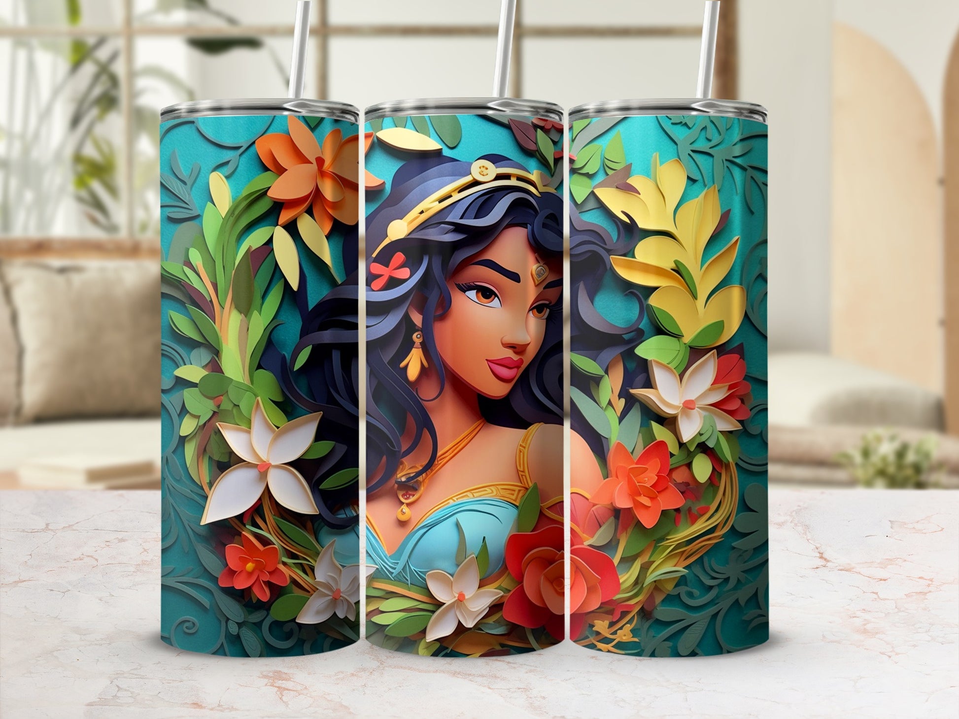 Princess and Floral Design Stainless Steel Tumbler