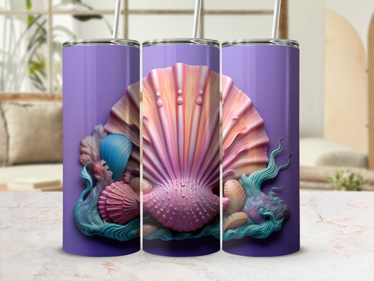 Purple tumbler with a seashell and ocean wave design.