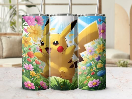 Pikachu among colorful flowers and grass under a bright sun.