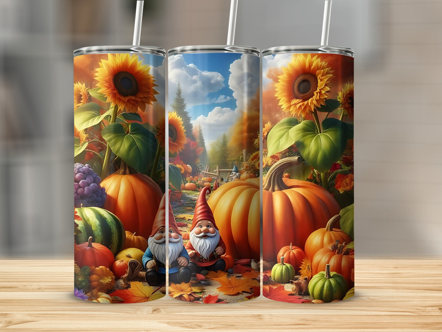 Colorful Autumn Gnome Pumpkin Sunflower Tumbler