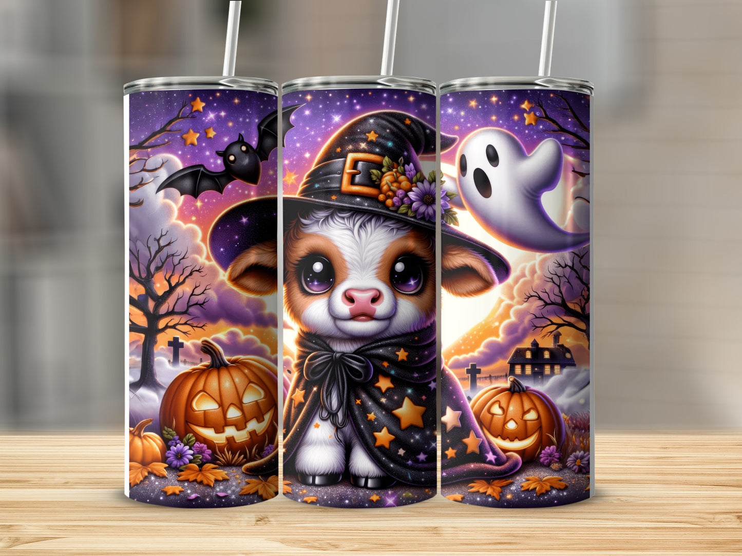 Cute cow in witch hat and stars, with pumpkins and ghost, on tumbler.