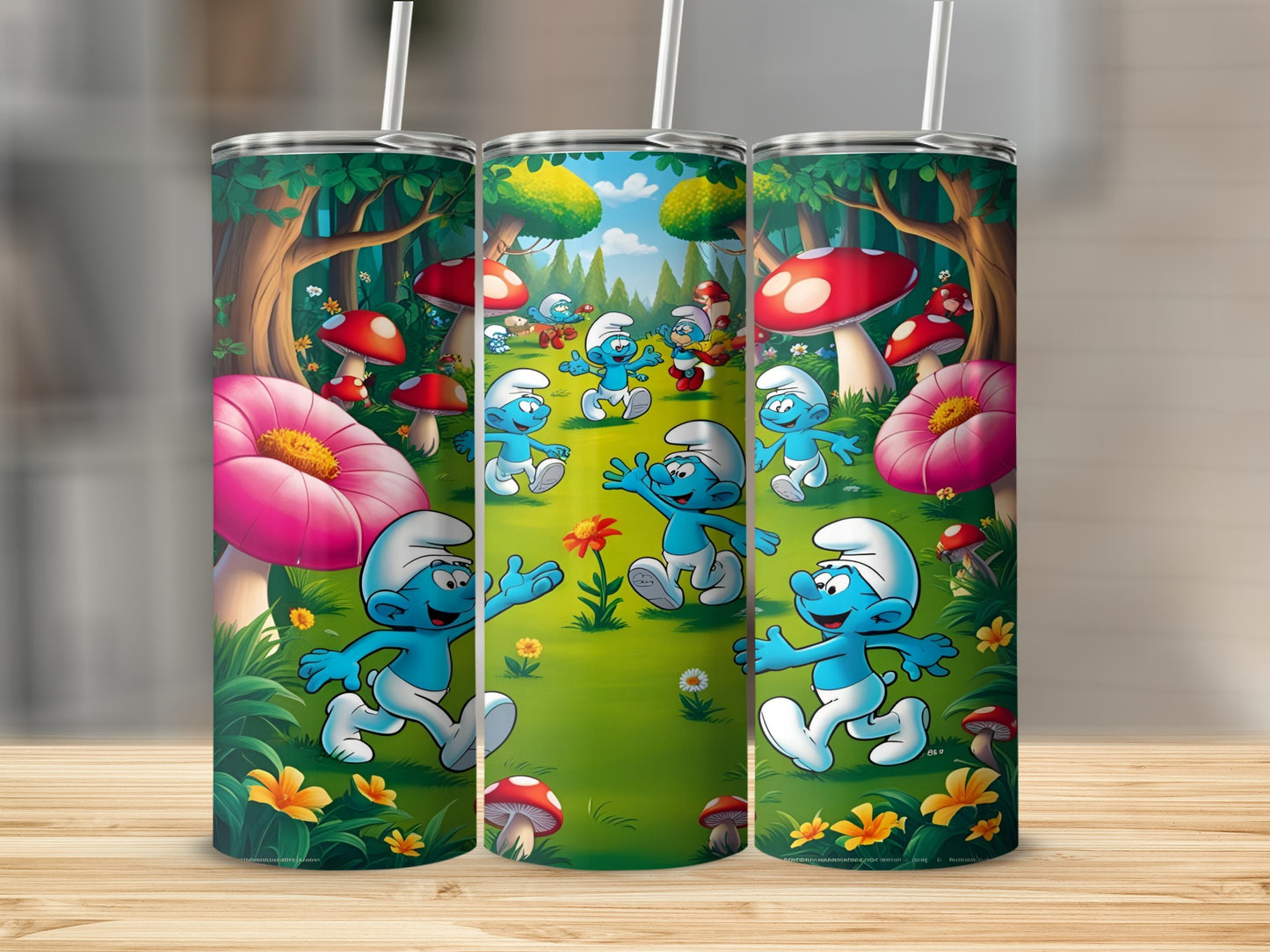 Smurfs dancing in a forest with mushrooms and flowers.