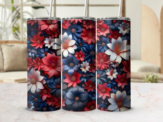 Three tumblers with a red, white, and blue floral pattern.