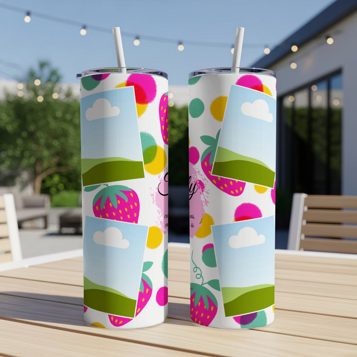 Two tumblers with a strawberry and watercolor dot pattern, featuring photo placeholders.