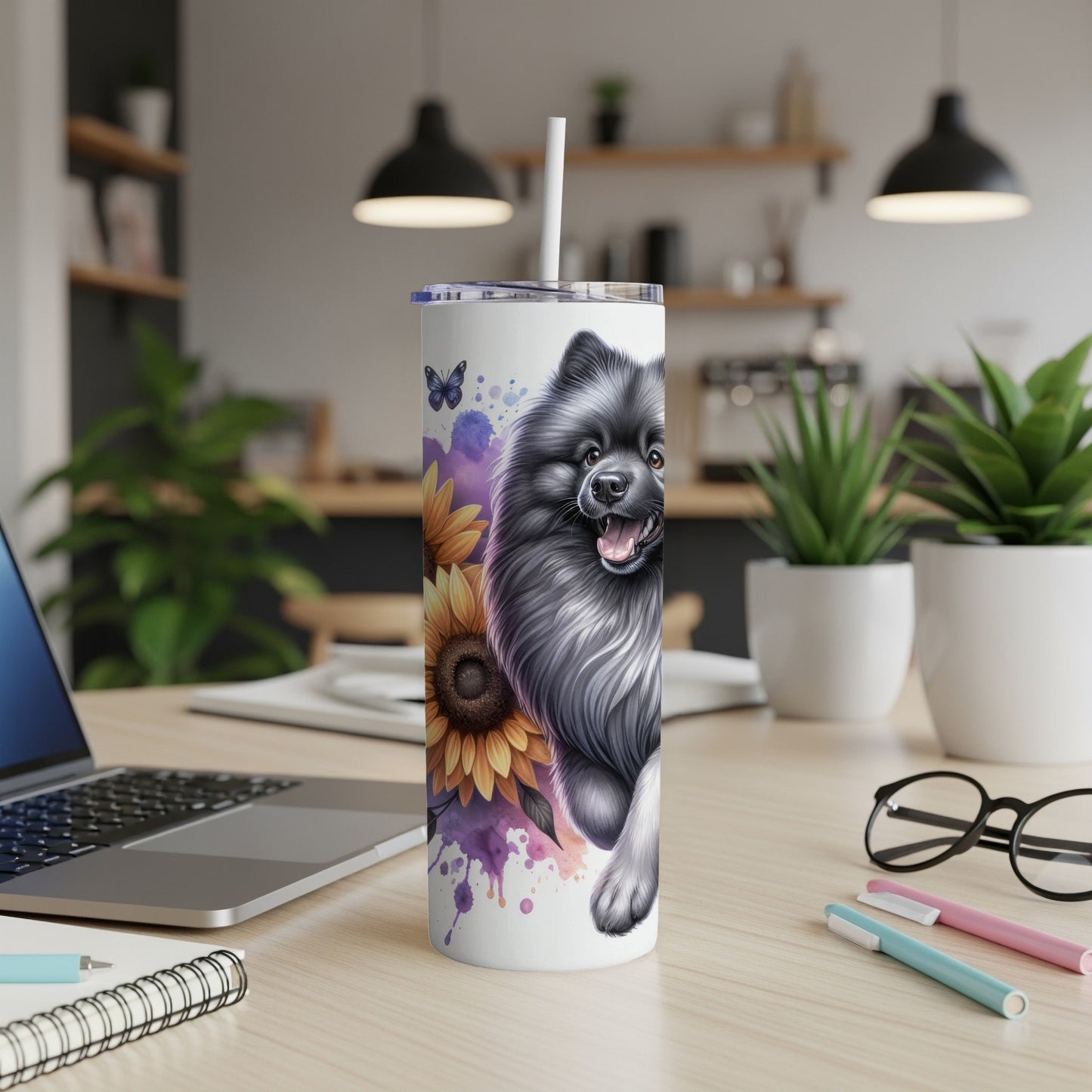 Black fluffy dog with sunflowers and butterfly on tumbler cup.
