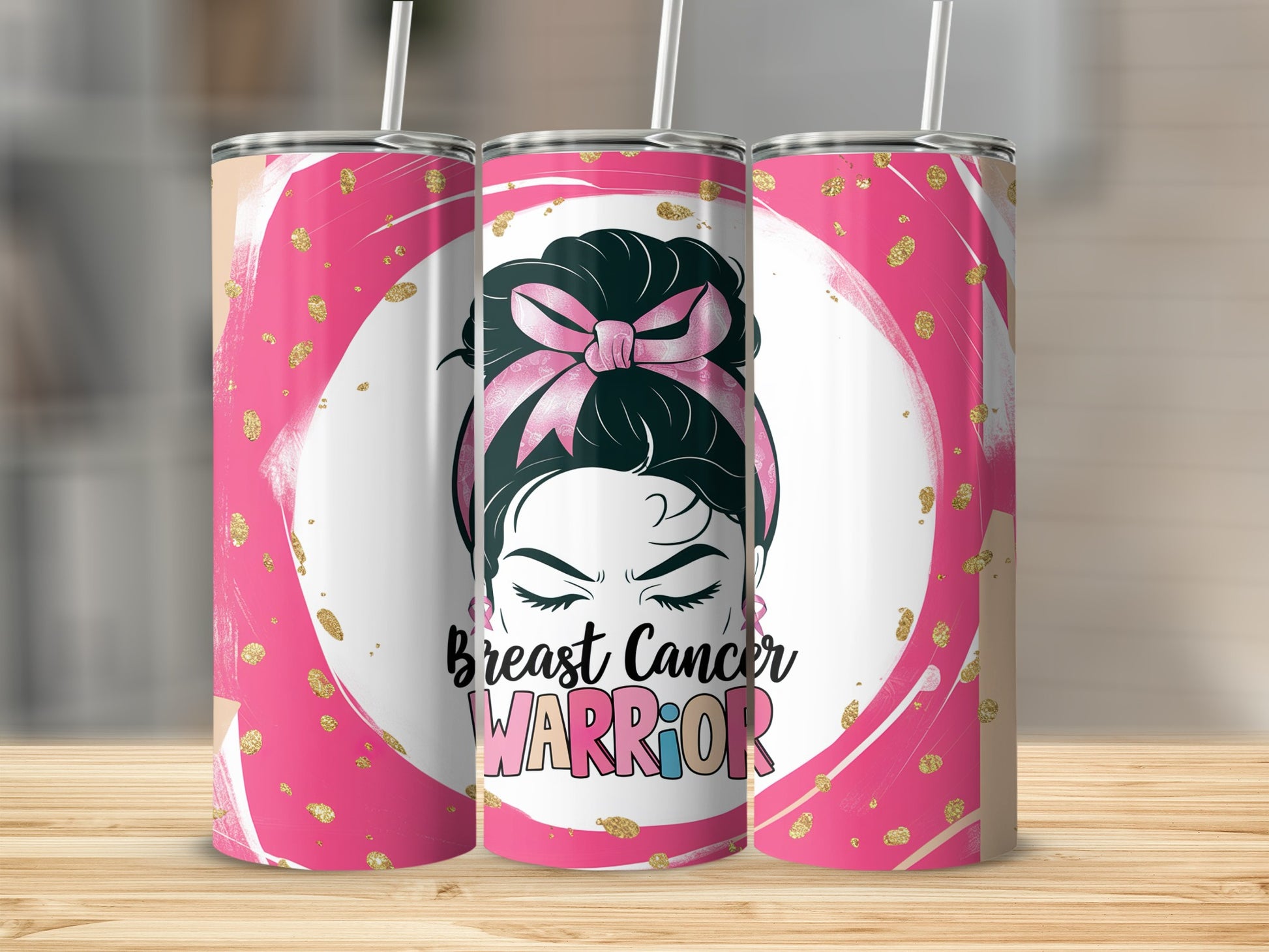 Three pink and gold tumblers with a breast cancer warrior graphic.