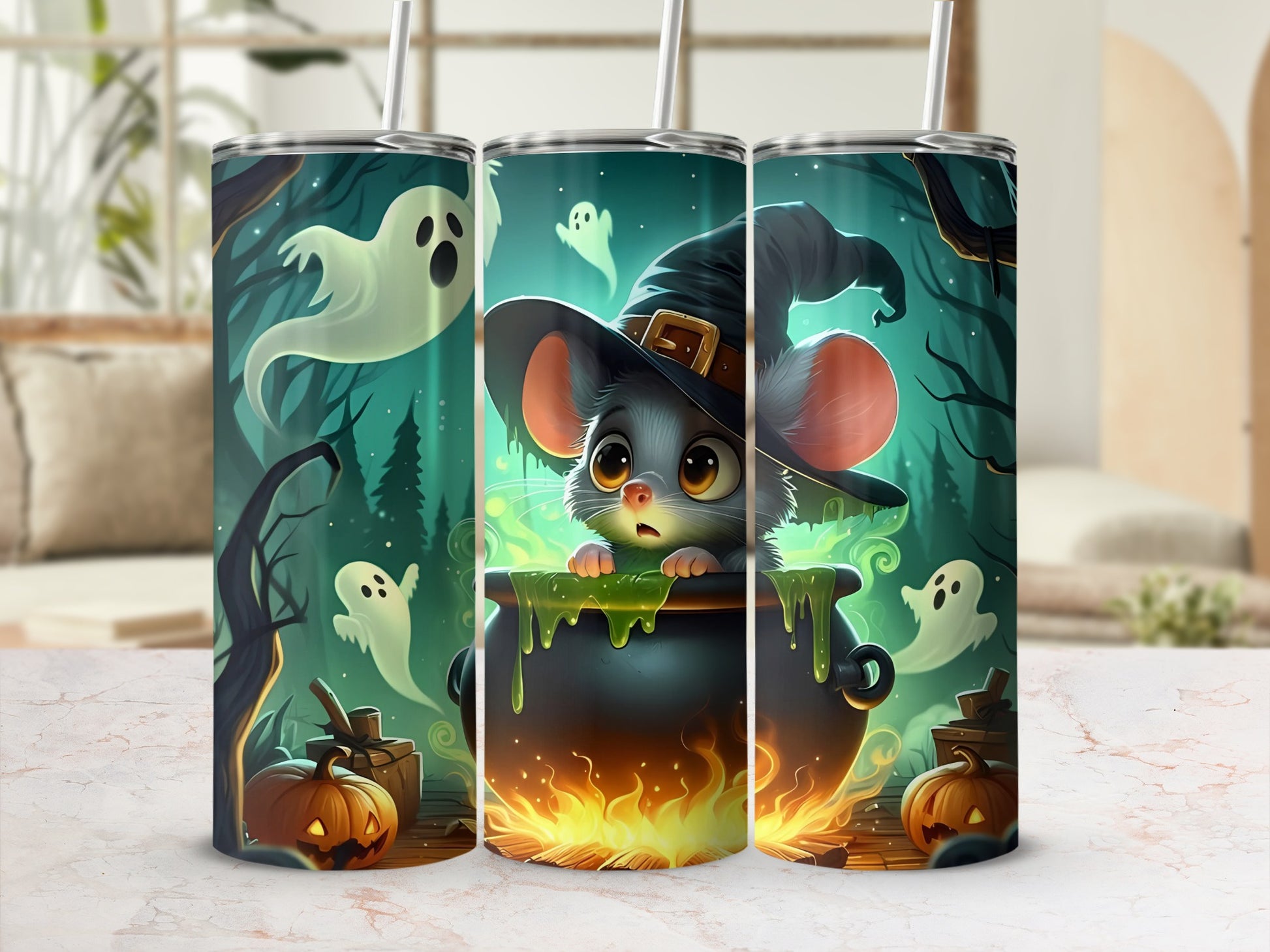 Halloween tumbler with a cute mouse in a witch hat over a cauldron.