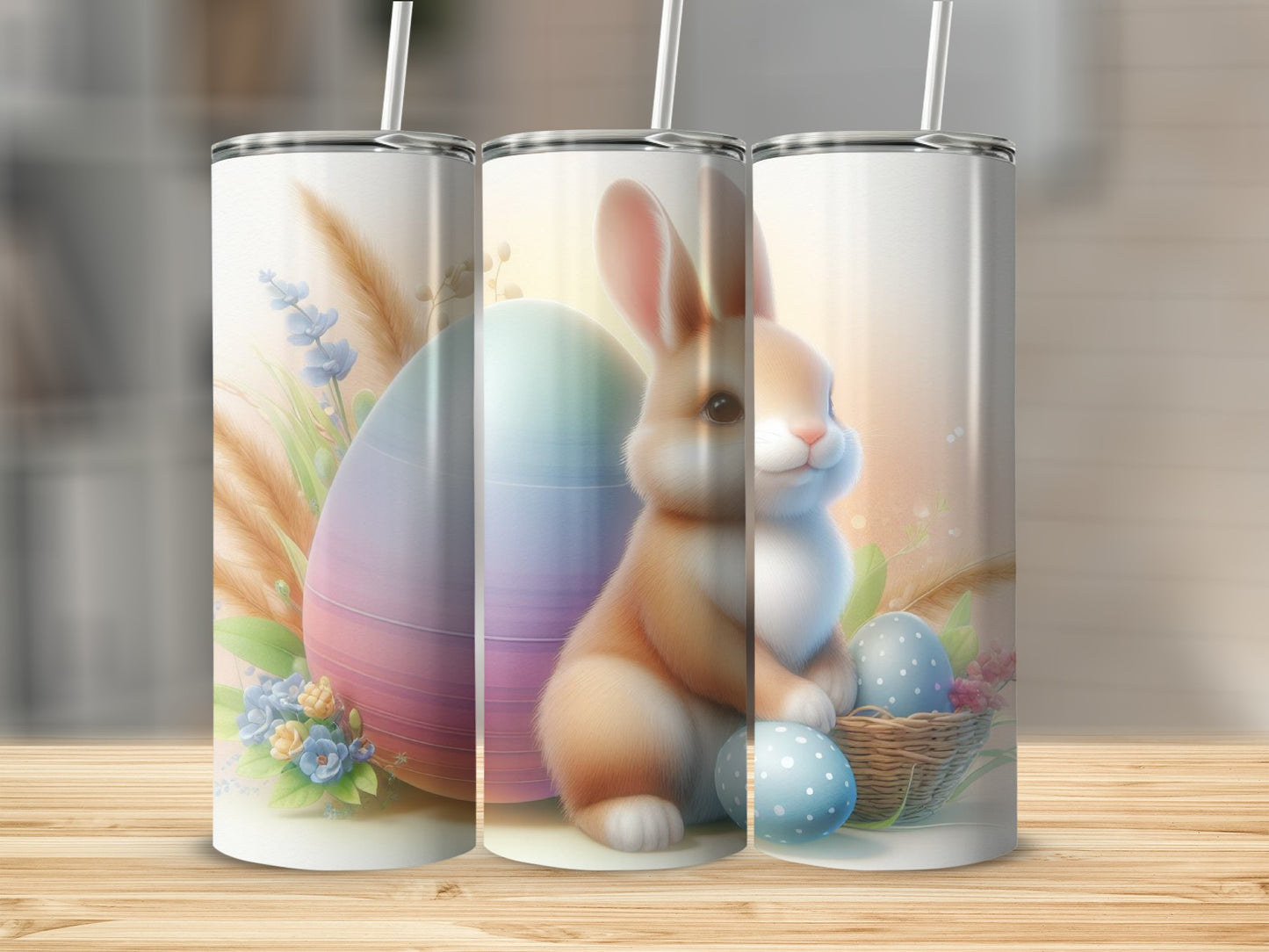 Easter bunny with eggs and flowers on a tumbler.