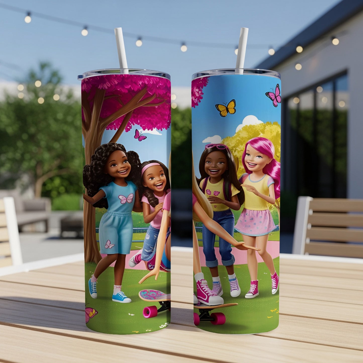 Two Barbie dolls on a pink skateboard outdoors with butterflies and trees.