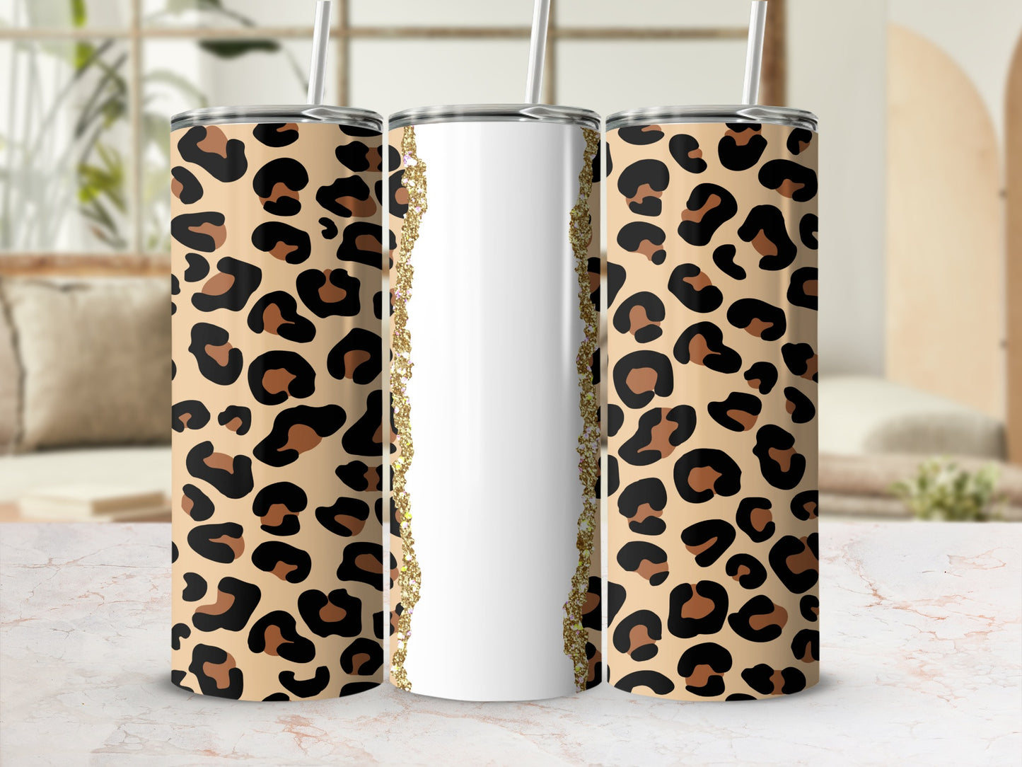 Leopard print tumblers with white center panel and glitter accent.