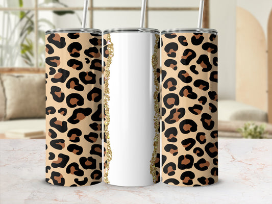 Leopard print tumblers with white center panel and glitter accent.