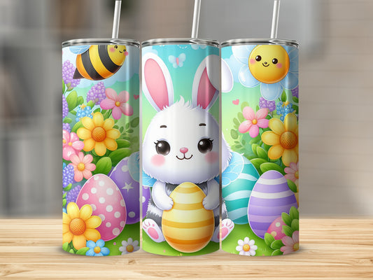Easter bunny holding yellow egg with colorful flowers and butterflies.
