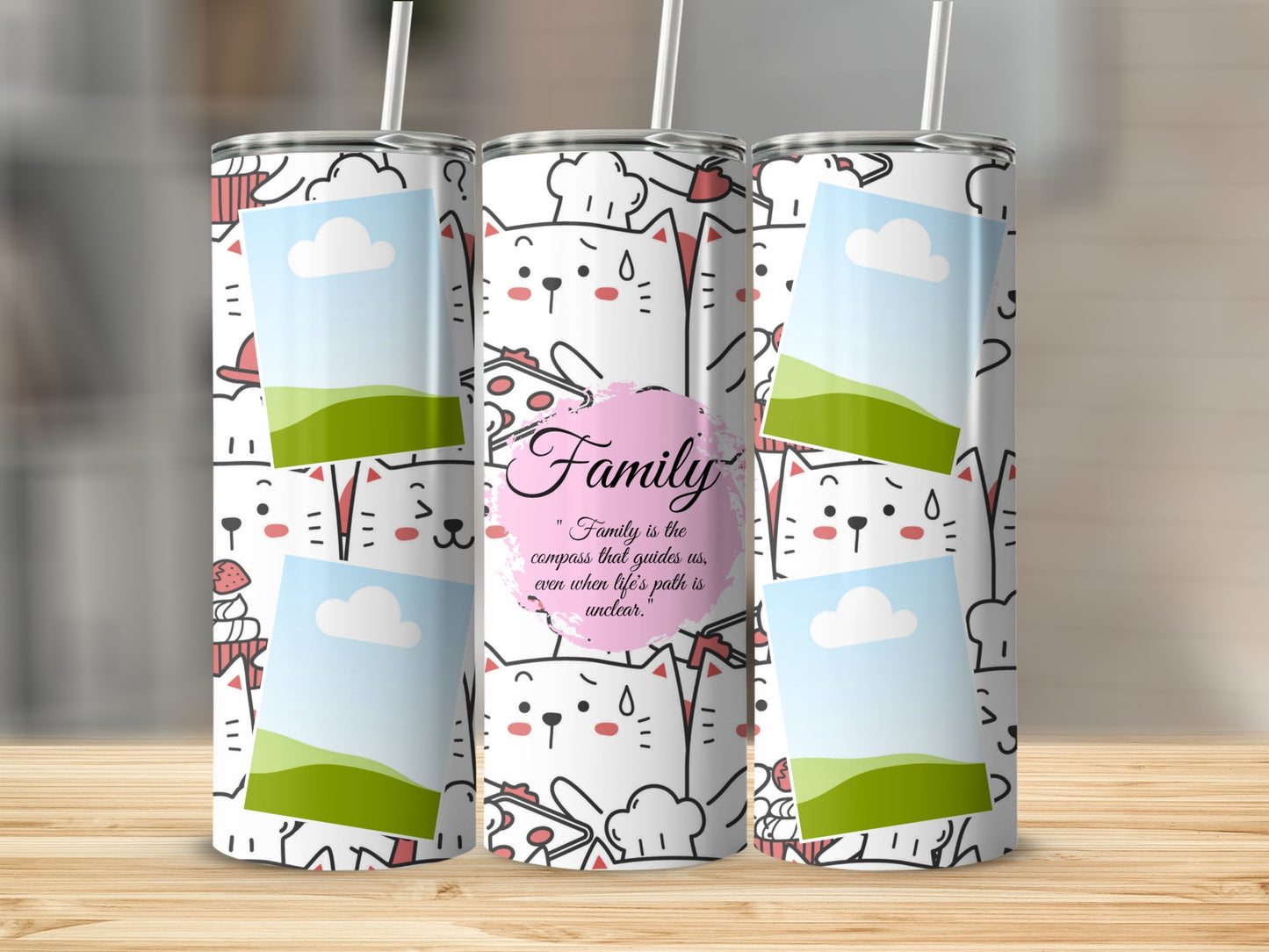 Three tumblers with cartoon cat pattern, blank photo frames, and "Family" quote.