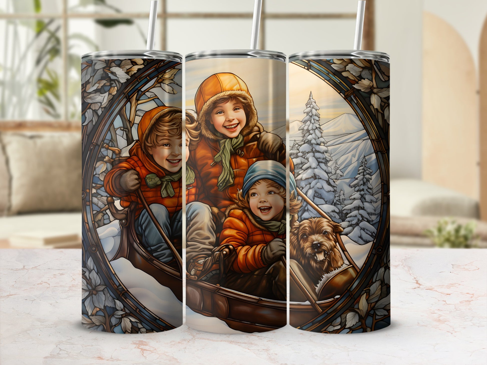Children in a rowboat with a dog, winter scene, with a stained-glass border.