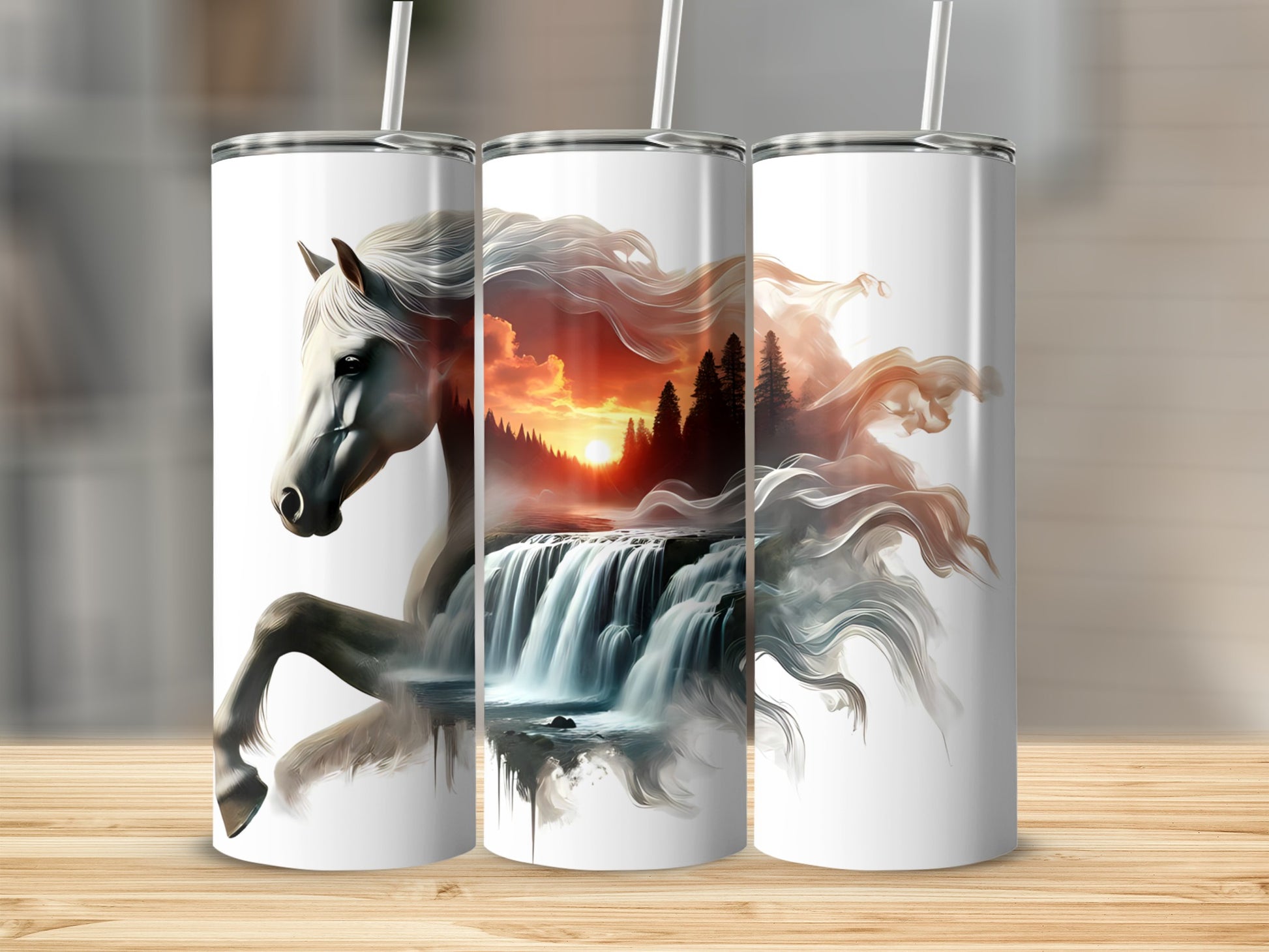 White horse galloping across a sunset waterfall landscape.