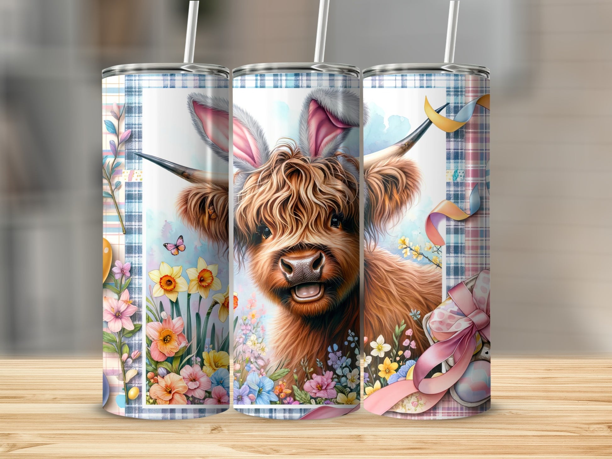 Highland cow with Easter bunny ears and colorful floral Easter design.
