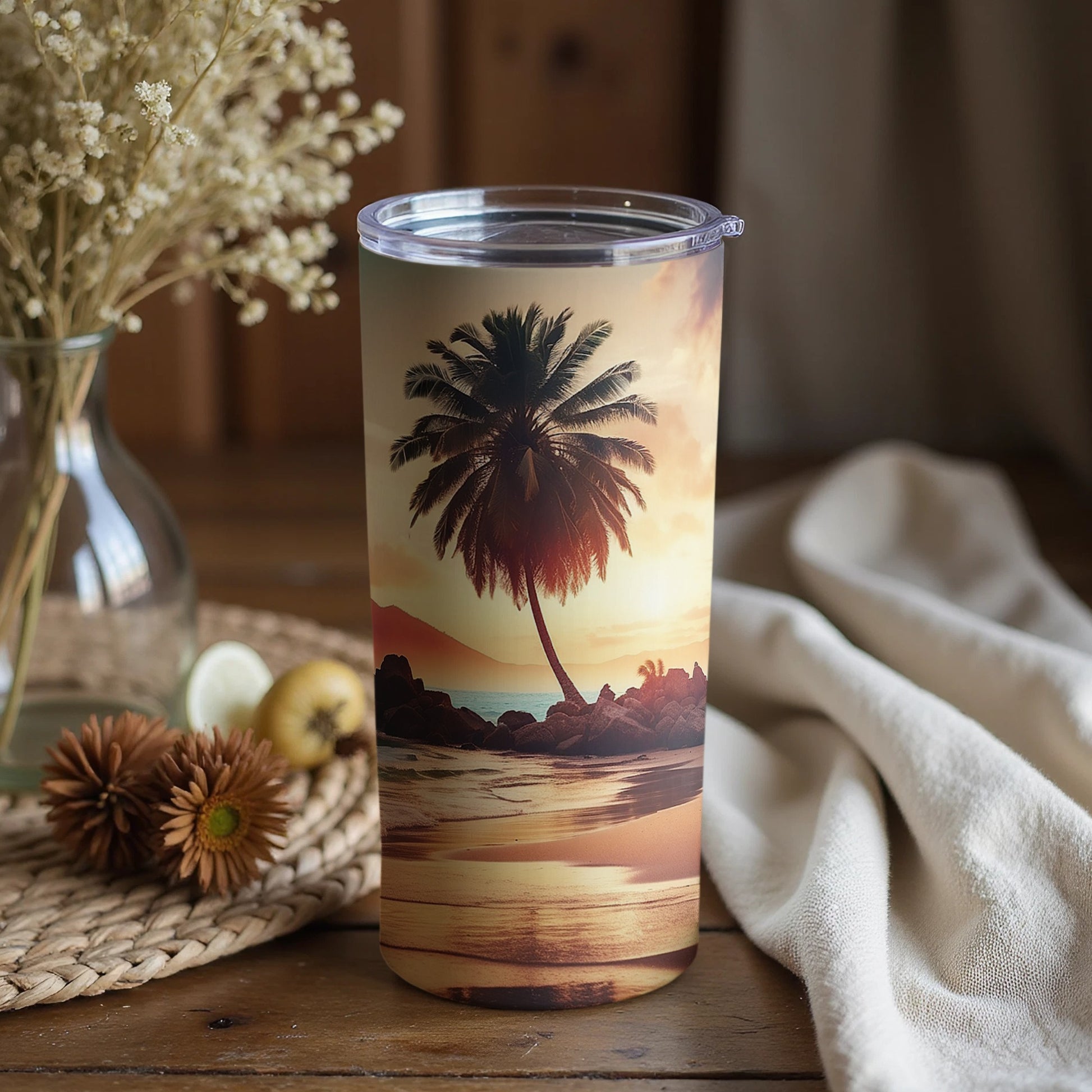 Tropical Sunset Beach Scene Insulated Drinkware Tumbler