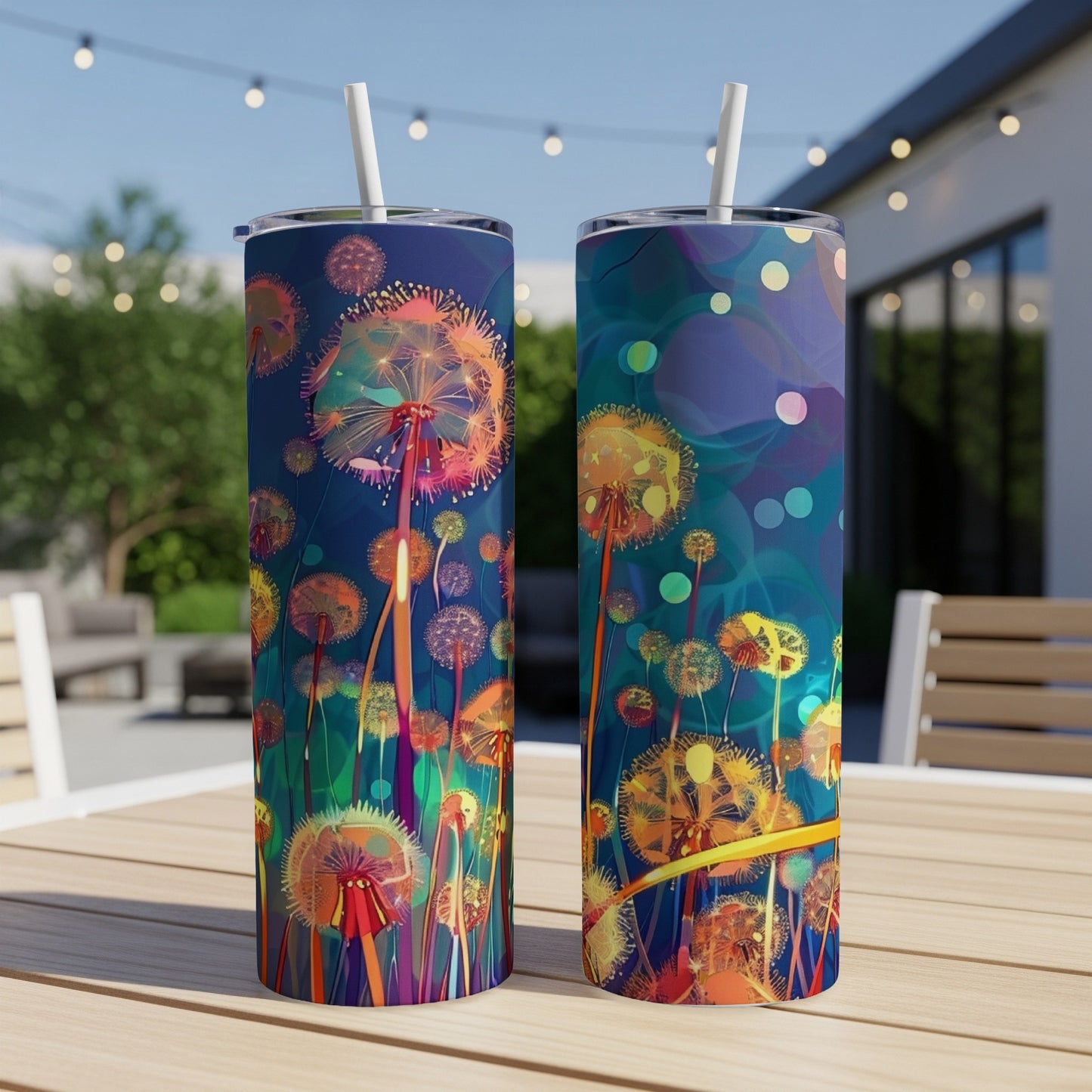 Two tumblers with colorful dandelion designs on a wooden table.