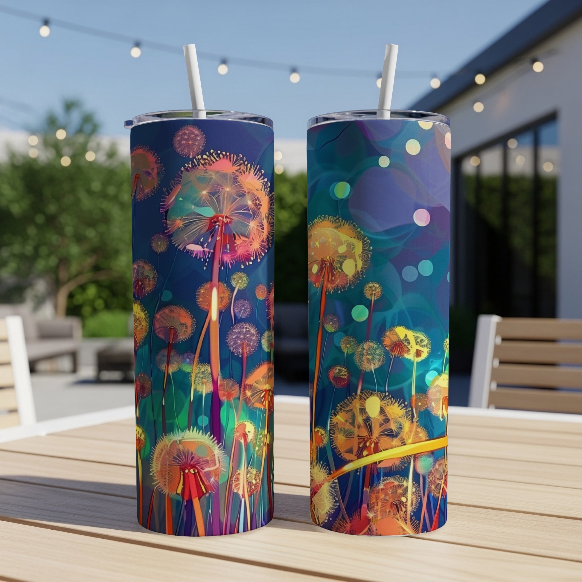 Two tumblers with colorful dandelion designs on a wooden table.