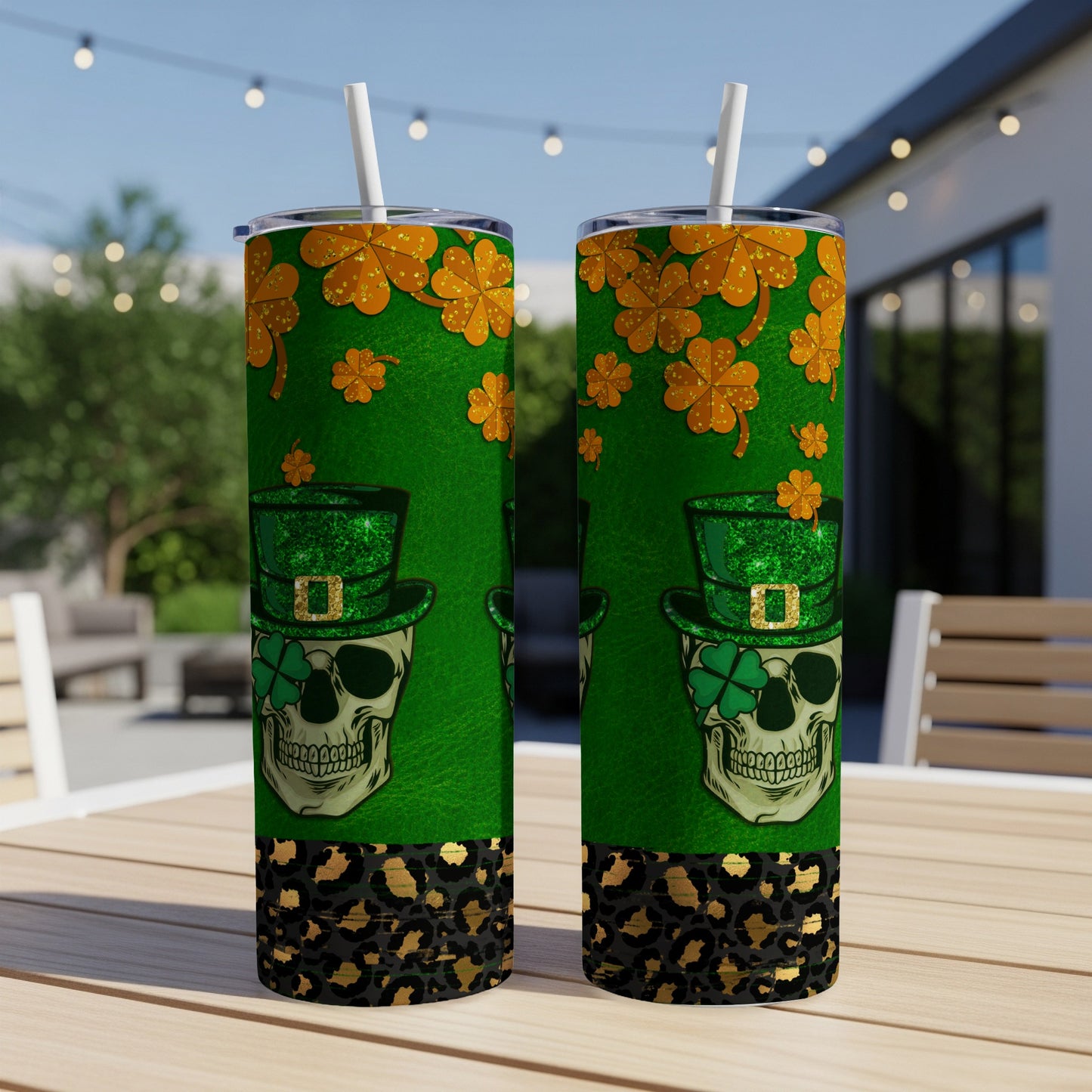 Green tumbler with skull wearing a shamrock hat and leopard print.