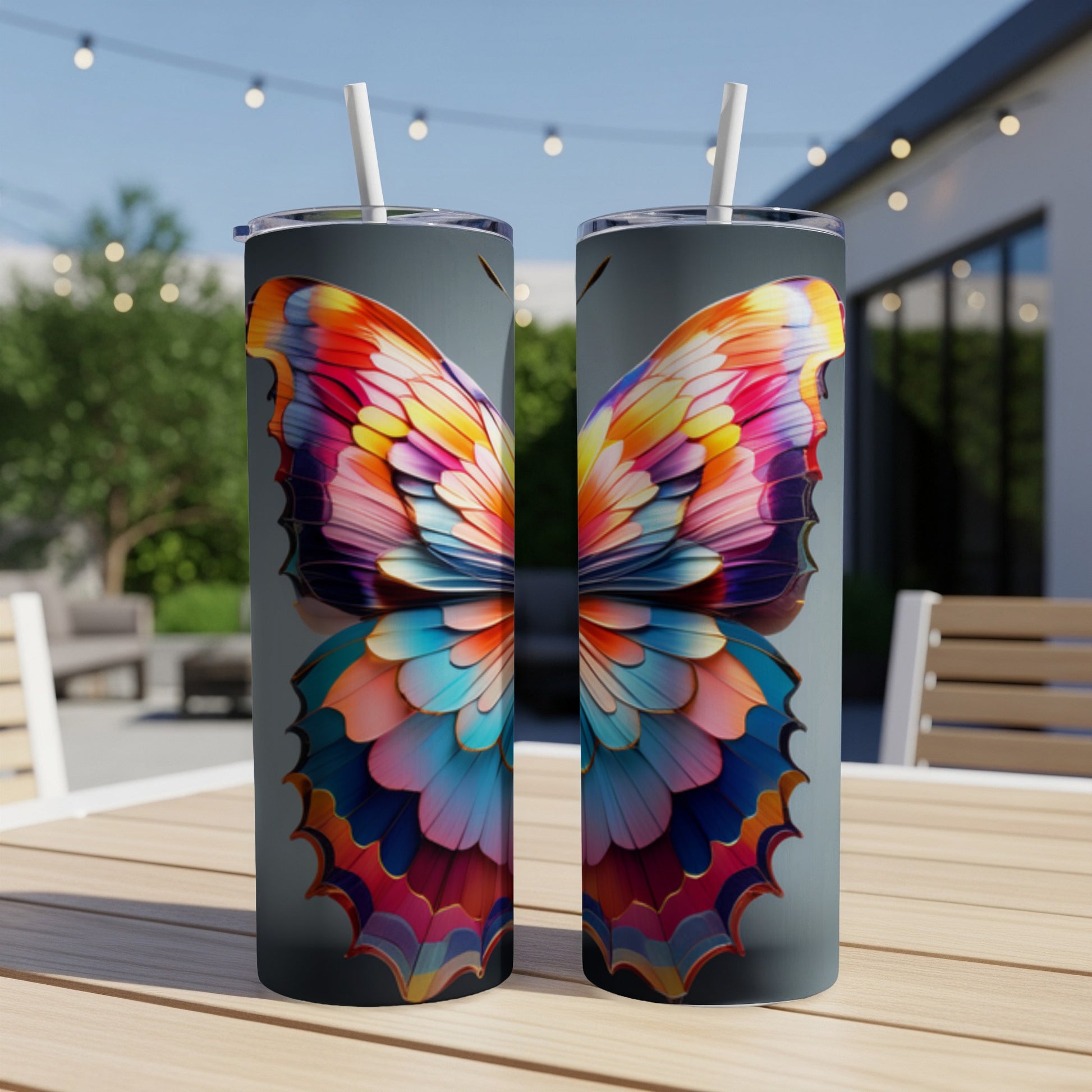 Two tumblers featuring a colorful butterfly wing design.