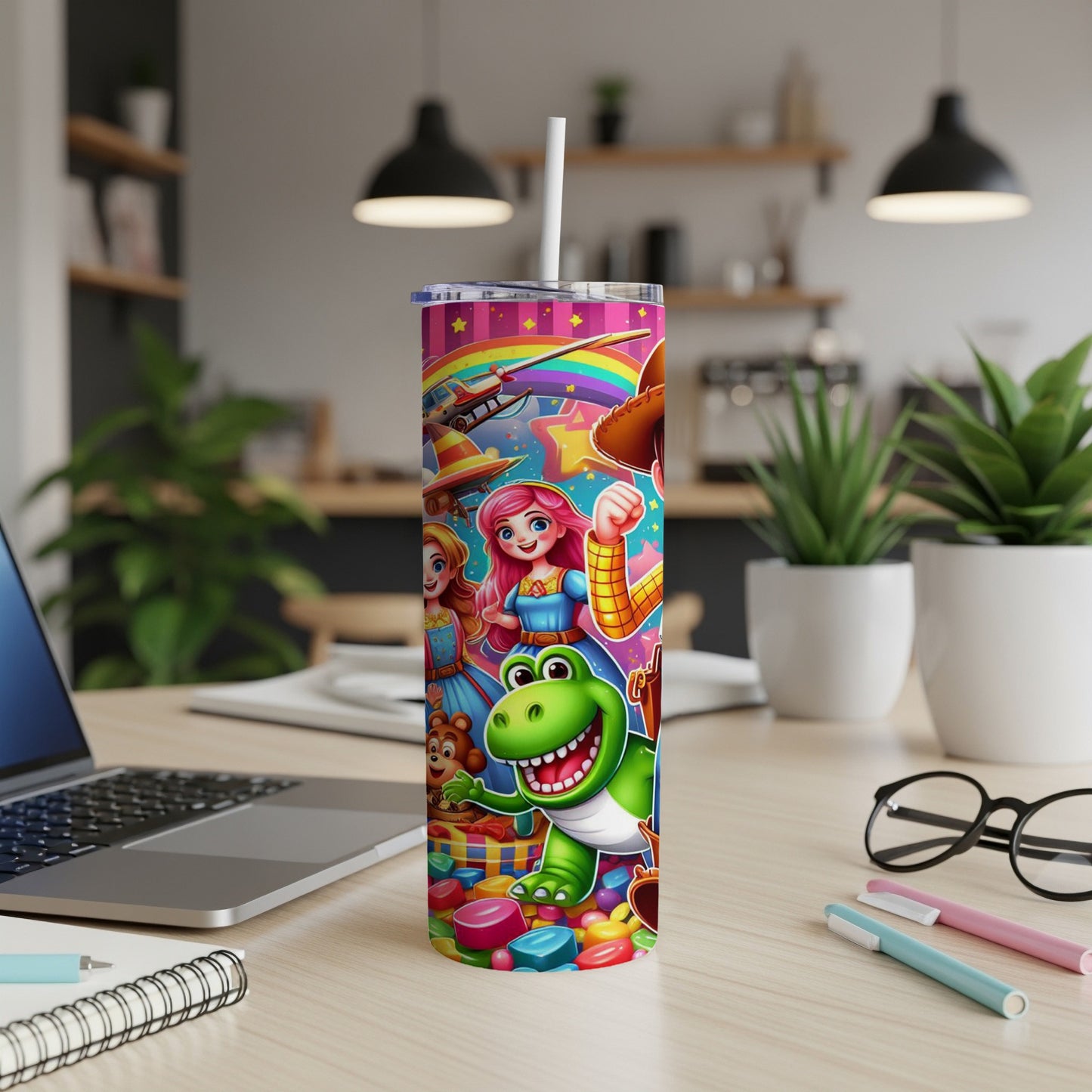 Colorful tumbler with cartoon characters and candy, on a desk with a laptop.