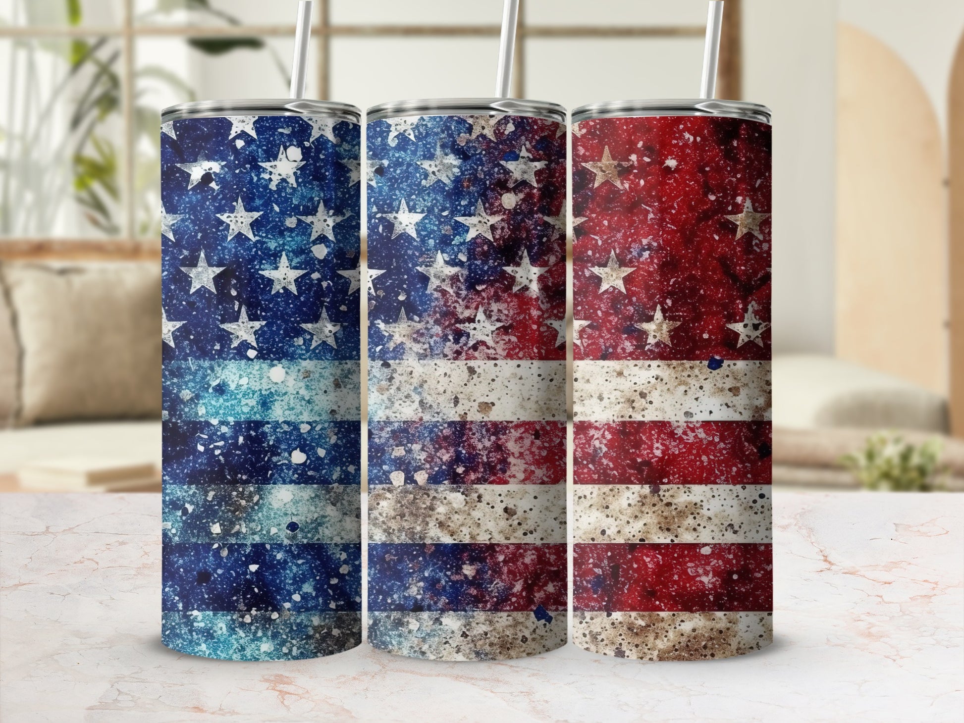 Three patriotic tumblers with a distressed American flag design.