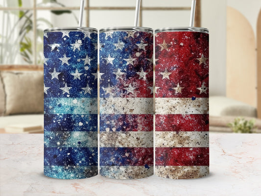 Three patriotic tumblers with a distressed American flag design.