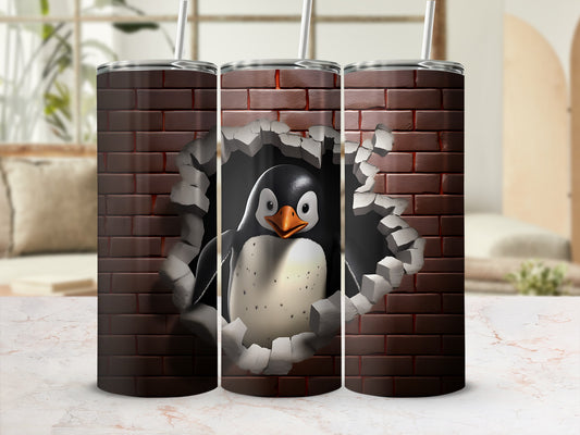 Penguin peeking through a brick wall on a tumbler.