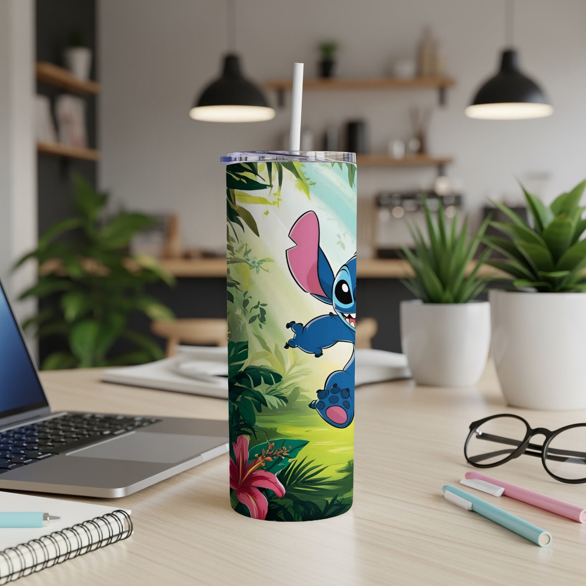 Stitch character on a tropical jungle background on a white tumbler with straw.