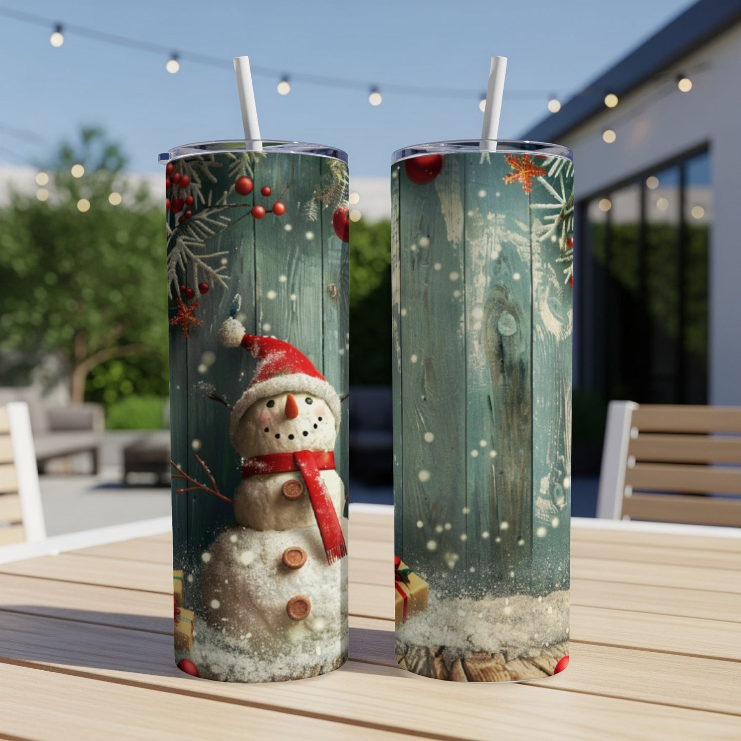 Snowman tumbler with red scarf and festive holiday background.