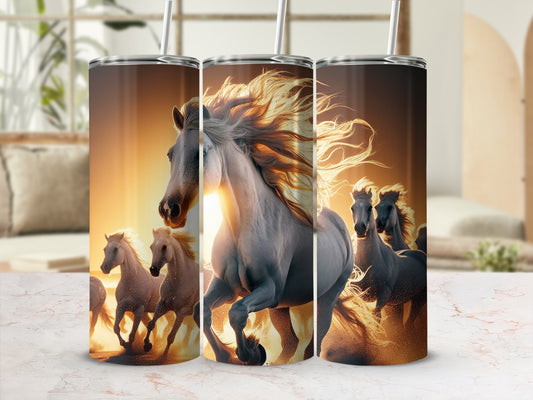 Three tumblers featuring running horses with flowing manes against a golden sunset backdrop.