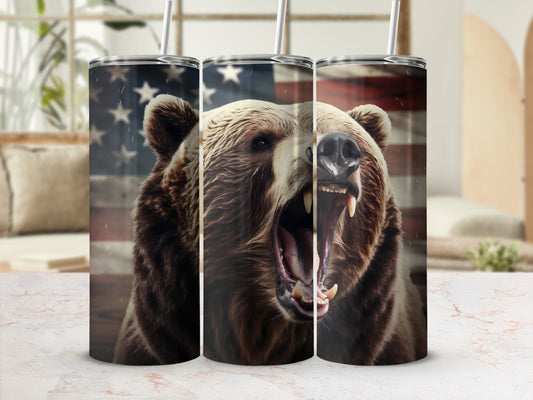 Bear with open mouth and American flag background on a tumbler.