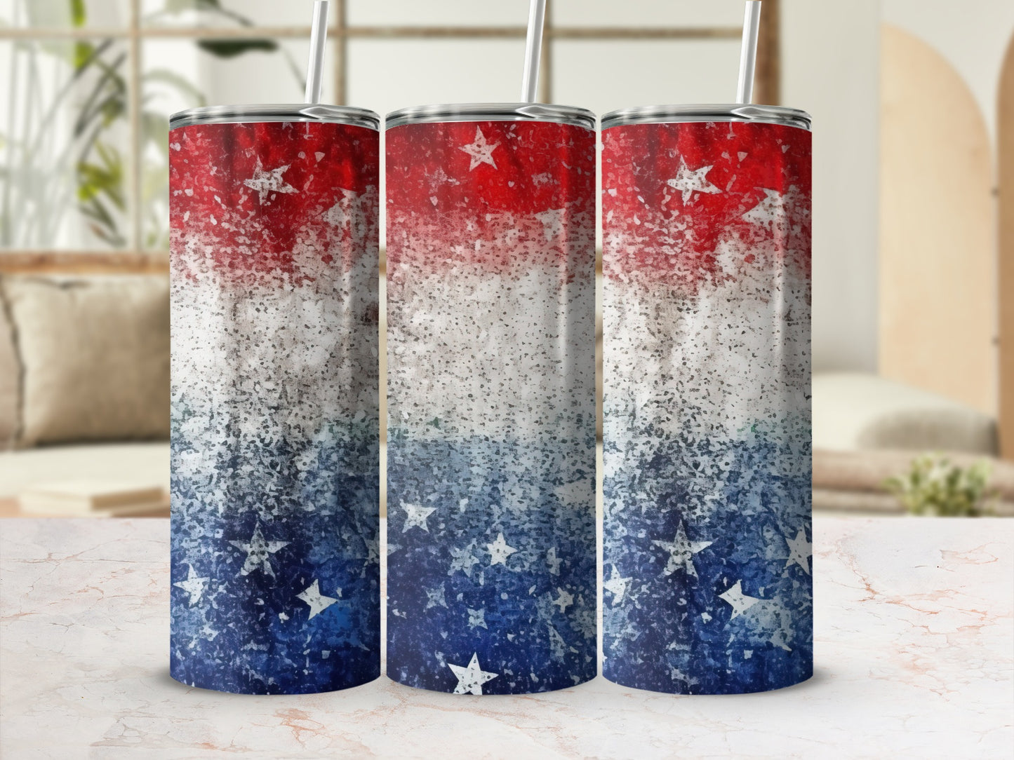 Three tumblers with a red, white, and blue star-spangled patriotic design.